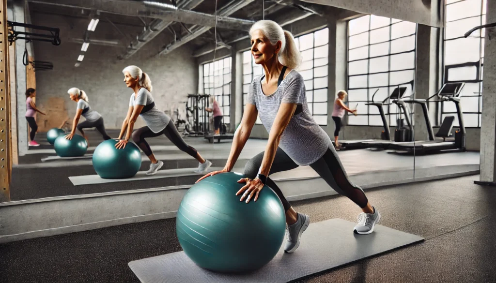 Functional Fitness for Seniors: Boost Strength, Mobility, and Independence 2 A senior woman performing a stability ball exercise in a bright and spacious fitness center. She is engaging her core and maintaining balance while following a guided workout. The gym features rubber flooring, modern fitness equipment, and large mirrors reflecting the scene, with other seniors participating in light functional exercises in the background.