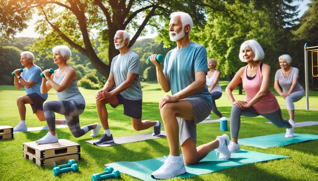 Functional Fitness for Seniors: Boost Strength, Mobility, and Independence 3 A group of senior adults practicing functional fitness exercises outdoors in a lush green park. They are engaging in gentle stretching, balance drills, and light resistance training with small weights. The setting includes trees and a clear blue sky, creating a refreshing and natural workout environment.