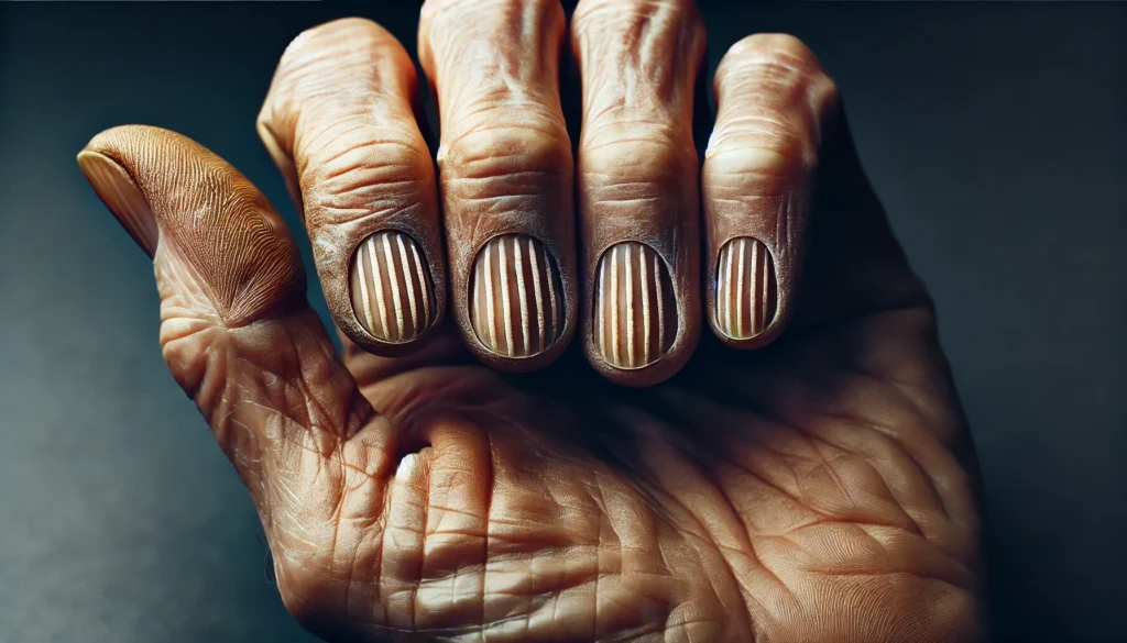 Arsenic Poisoning and Nail Changes: Signs, Causes, and Detox Strategies 2 A close-up of an elderly person's hand showing severe signs of arsenic poisoning. The fingernails have multiple white horizontal bands (Mees' lines), appearing brittle and slightly ridged. The surrounding skin looks dry and unhealthy, with moody lighting enhancing the details of the condition.