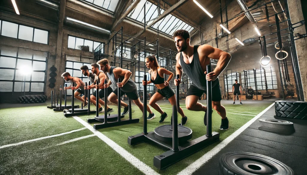 Functional Cardio Workout: Improve Endurance, Strength, and Everyday Performance 2 A group of athletes pushing weighted sleds across a turf track in a gym. They showcase intense focus and effort, emphasizing power and endurance. The gym has a modern industrial design with large windows, high ceilings, and various functional training equipment in the background.