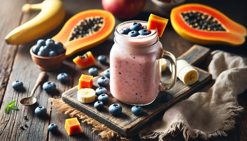 Fruits for Gut Health: The Best Natural Choices to Aid Digestion and Support Wellness 2 A fresh fruit smoothie made with bananas, blueberries, and papaya, served in a glass jar and garnished with fruit, placed on a rustic wooden surface with scattered ingredients around it.