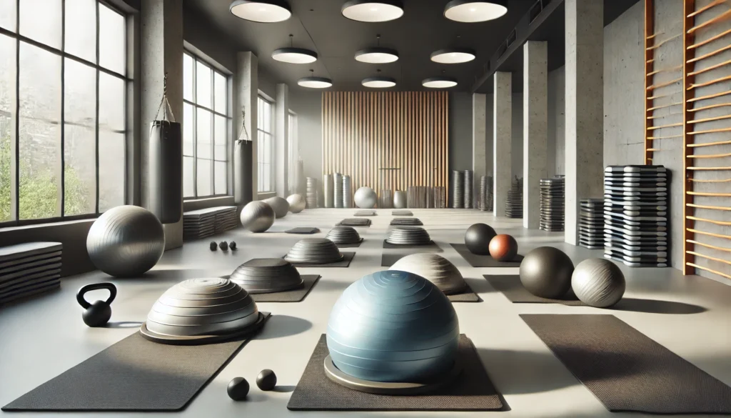 A spacious fitness studio with neatly arranged core stability tools, including BOSU balls, wobble cushions, and weighted medicine balls. The environment is modern, minimalist, and optimized for balance and core engagement.