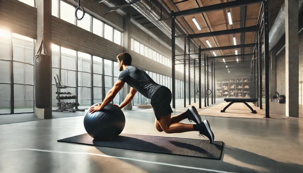 Functional Core Workout: Strengthen Stability, Balance, and Athletic Performance 3 A person performing a stability ball rollout in a functional fitness gym. The individual kneels on a mat, rolling the ball forward while engaging their core. The gym is modern and well-lit, designed for core stability training.