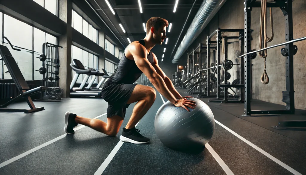 A fit athlete executing a stability ball rollout in a modern gym with industrial design, rubber flooring, and bright LED lighting. The movement emphasizes core engagement and balance.