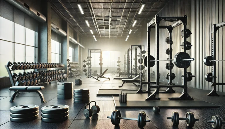 A modern gym setup designed for strength training workouts. The scene includes barbells, weight plates, squat racks, dumbbells, and kettlebells neatly organized. The gym has an industrial design with rubber flooring, large mirrors, and bright overhead lighting, creating a professional and motivating workout space.