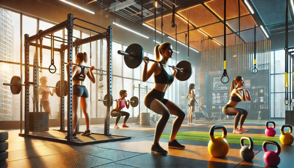 Core Workout for Women: Strengthen and Sculpt Your Midsection at the Gym 3 A vibrant gym where women are performing barbell squats, kettlebell swings, and TRX rows. The gym features bright lighting, rubber flooring, and advanced training equipment, highlighting strength and endurance.