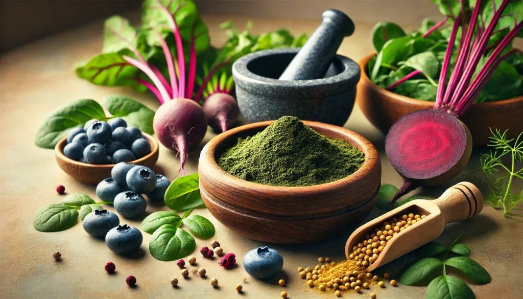 Effective Metal Detox: Natural Ways to Support Your Body’s Cleansing Process 1 A wooden bowl filled with chlorella powder, surrounded by detoxifying foods including wild blueberries, beets, and leafy greens. A mortar and pestle with crushed coriander seeds and fresh ginger rest nearby, all set in a softly lit cleansing atmosphere.