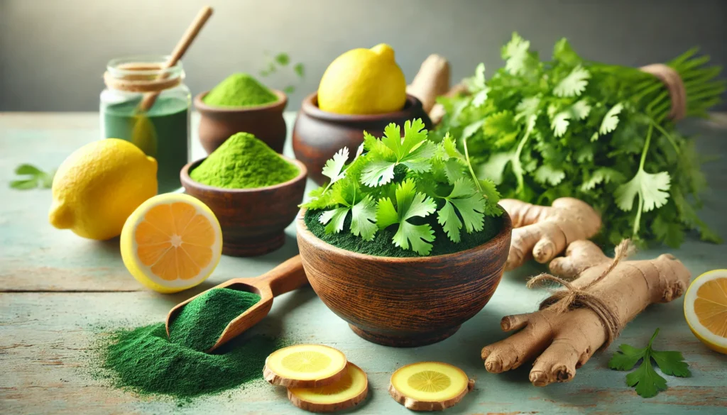 Cilantro for Heavy Metal Detox: Does It Really Help Cleanse Your Body? 1 A wooden bowl filled with fresh cilantro leaves, surrounded by detoxifying superfoods such as spirulina powder, ginger, and lemon slices. A wooden spoon with chlorella powder rests beside it, symbolizing heavy metal detox. The softly lit background creates a fresh and natural ambiance.