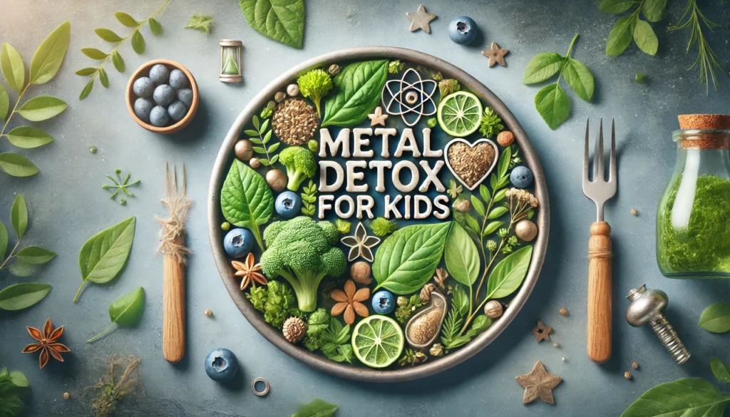 Heavy Metal Detox for Kids: Safe and Effective Ways to Reduce Toxic Exposure 3 A calming, nature-inspired representation of metal detox for children, featuring fresh detoxifying ingredients like leafy greens, blueberries, and herbal remedies. A soft glow and pure, clean atmosphere emphasize health, purification, and toxin removal.