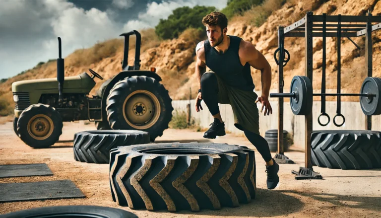 A muscular male athlete flipping a large tractor tire in an outdoor training area. The rugged workout setting includes resistance training equipment, trees, and an open sky, emphasizing strength and endurance-focused functional cardio.
