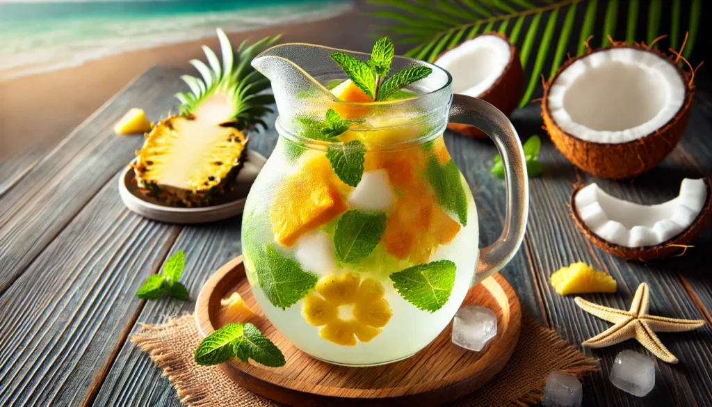 Detox Water for Weight Loss: Hydration Strategies to Burn Fat Naturally 3 A pitcher of tropical detox water infused with pineapple, coconut, and mint leaves, placed on a beach-themed wooden table. The drink is served over ice, with condensation forming on the pitcher, enhancing the refreshing and tropical feel.