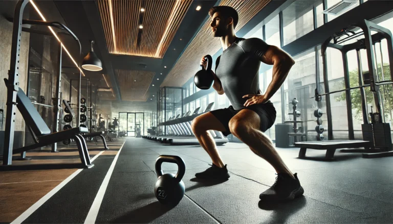 A fit individual performing a kettlebell Turkish get-up in a modern gym. The person demonstrates core strength and stability in a well-lit, professional fitness environment.