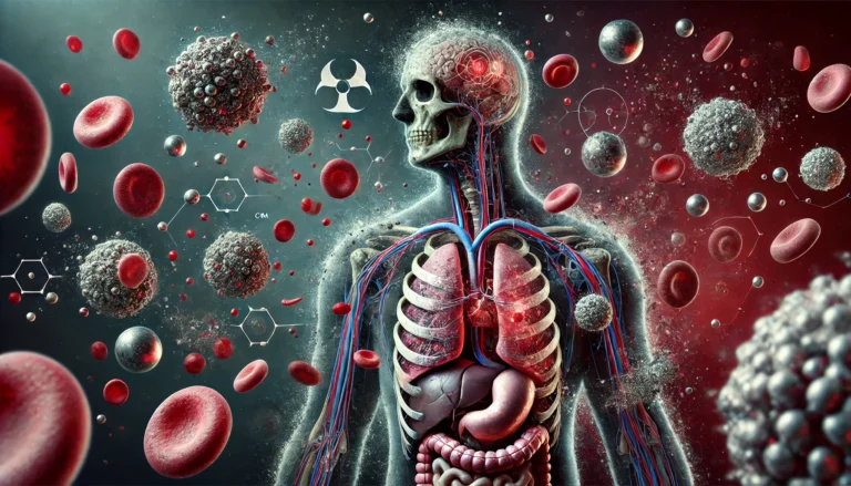A conceptual illustration of heavy metals accumulating in the human body. Metallic particles, including mercury, lead, and cadmium, are shown interacting with blood cells and organs, symbolizing toxicity and contamination.