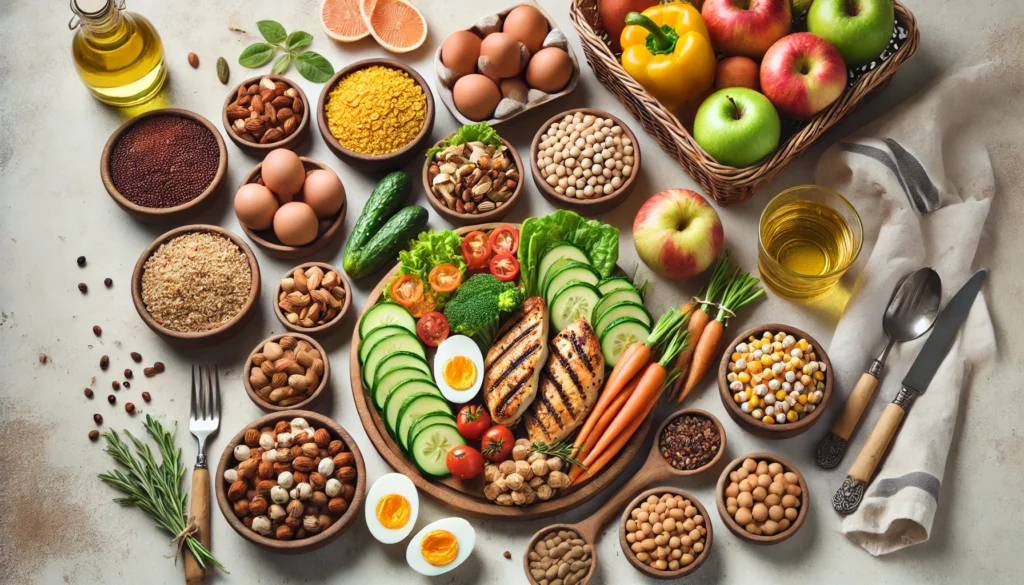 Avoiding Processed Foods: Best Non-Processed Food Diets for Better Health 2 A beautifully arranged meal prep setup featuring non-processed, whole foods like grilled chicken, fresh vegetables, boiled eggs, nuts, and legumes. Wooden bowls filled with quinoa, lentils, and chickpeas sit alongside a basket of fresh fruits on a light, neutral background.