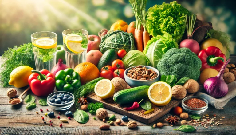 A rustic wooden table filled with colorful vegetables, leafy greens, fruits, nuts, and whole grains, symbolizing a fresh whole-food detox. A glass of lemon-infused water sits beside the produce, emphasizing hydration and natural detoxification.
