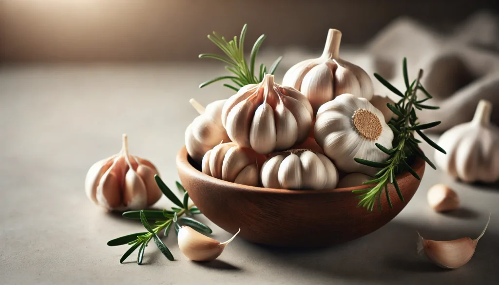 Garlic for Detox: How This Powerful Superfood Supports Cleansing and Health 1 A beautifully arranged wooden bowl filled with fresh garlic cloves, some peeled and some whole, accompanied by sprigs of rosemary on a neutral-toned kitchen counter.