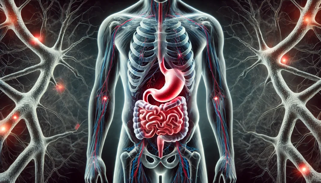 A medical illustration depicting the effects of alcohol withdrawal on the stomach, showing an inflamed stomach highlighted in red, surrounded by neural pain signals against a dark background emphasizing discomfort.
