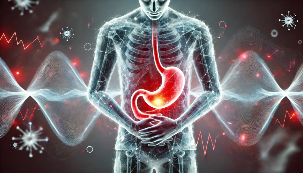 Understanding Alcohol Withdrawal Stomach Pain: Causes, Symptoms, and Relief Strategies 1 A conceptual image illustrating the sensation of stomach pain due to alcohol withdrawal. A semi-transparent human figure holds their abdomen with a glowing red pain area, while abstract waves symbolize cramping and nausea.