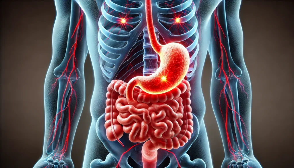 Understanding Alcohol Withdrawal Stomach Pain: Causes, Symptoms, and Relief Strategies 2 A 3D medical rendering of the human digestive system, highlighting stomach inflammation caused by alcohol withdrawal. The stomach lining appears irritated with red glowing areas indicating distress and pain.