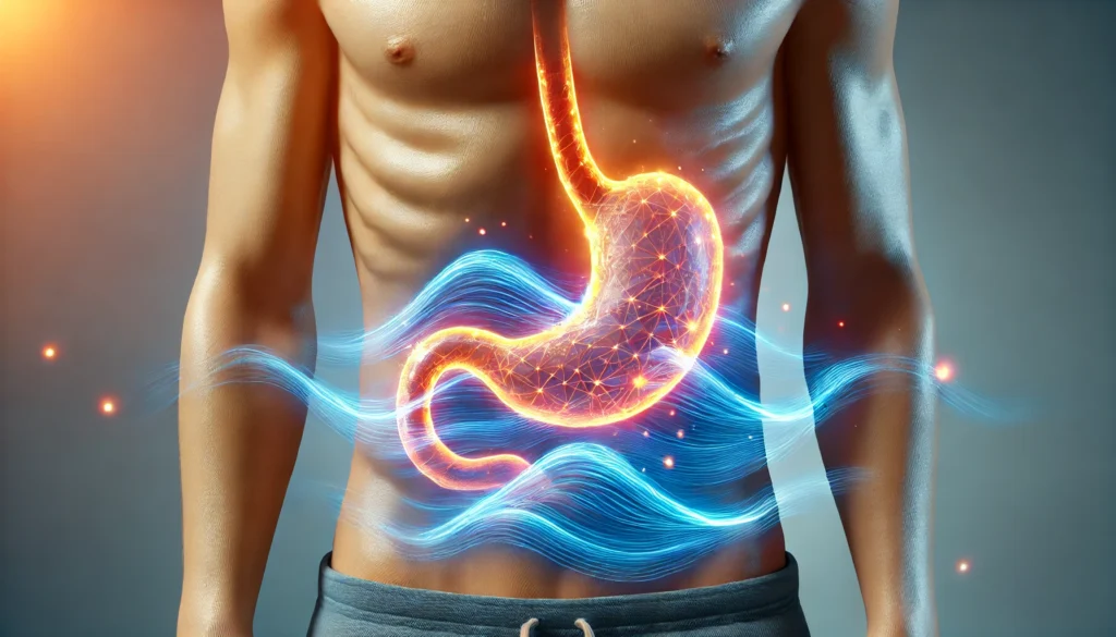 Understanding Alcohol Withdrawal Stomach Pain: Causes, Symptoms, and Relief Strategies 3 A soothing visualization of stomach pain relief from alcohol withdrawal, showing a previously inflamed stomach now appearing healthier. Gentle blue waves symbolize healing, with a warm glow indicating comfort and recovery.