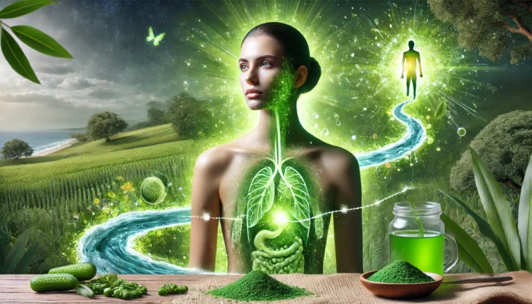 A visually striking representation of the body's detox process through Chlorella, depicting toxins being expelled via skin, sweat, and digestion in a serene nature setting with a glowing green aura symbolizing healing and purification.
