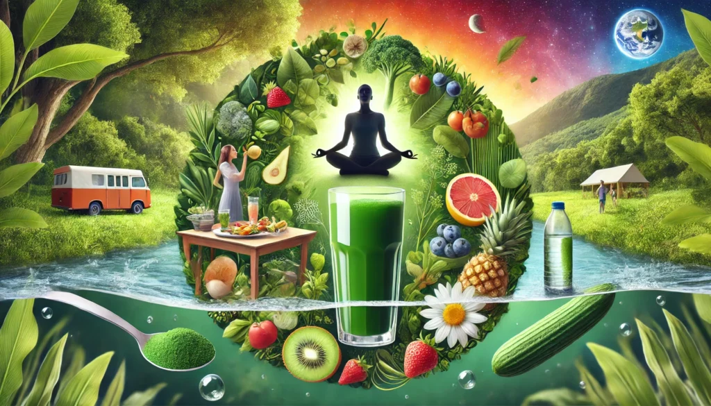 Chlorella Detox Symptoms: What to Expect and How to Support Your Body Naturally 1 An artistic representation of natural detox support with Chlorella, featuring a person drinking water, eating fresh fruits and vegetables, and meditating outdoors in a lush green environment that symbolizes vitality and well-being.