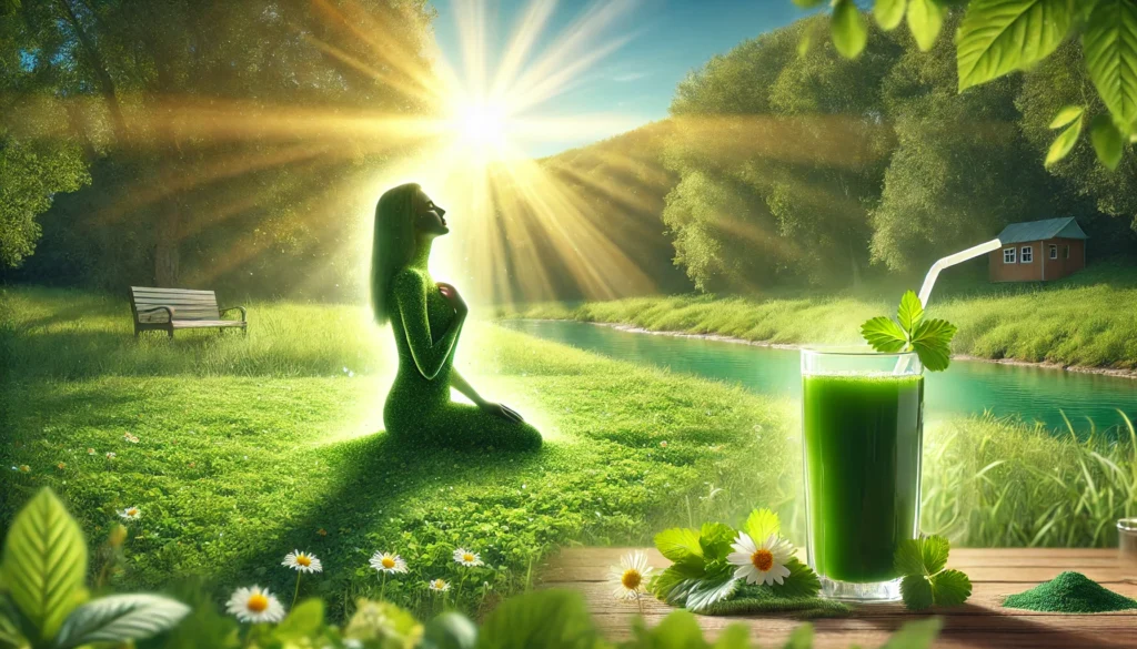 Chlorella Detox Symptoms: What to Expect and How to Support Your Body Naturally 2 A peaceful and rejuvenating scene depicting the benefits of completing a Chlorella detox, showing a refreshed, energetic person in a sunlit green meadow, representing renewal, balance, and post-detox vitality.
