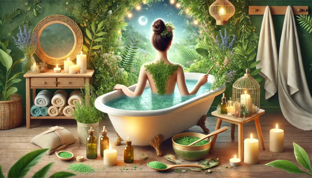 Chlorella Detox Symptoms: What to Expect and How to Support Your Body Naturally 3 A serene depiction of holistic self-care during a Chlorella detox, showing a person in a soothing herbal bath with detoxifying ingredients like Epsom salt and essential oils. The tranquil spa-like setting, with soft candlelight and lush greenery, symbolizes relaxation and body support during detox.