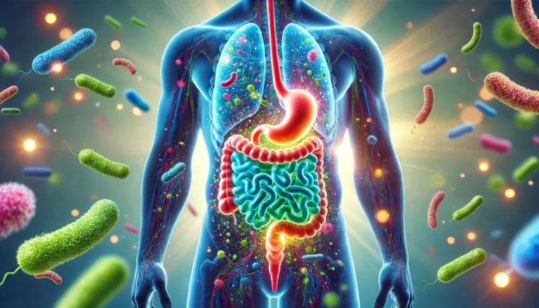 A vibrant, glowing digestive tract surrounded by diverse beneficial bacteria, symbolizing a balanced and thriving gut microbiome.
