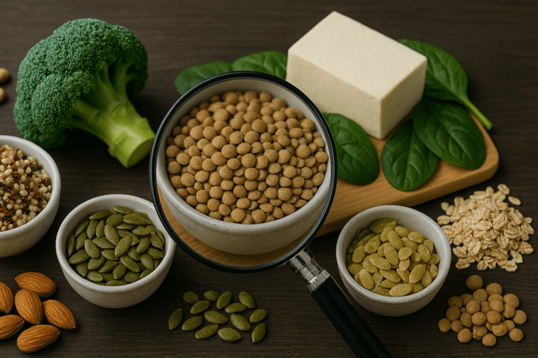 A high-resolution photograph showcasing a variety of plant-based protein sources including tofu, quinoa, broccoli, spinach, lentils, chickpeas, almonds, pumpkin seeds, and oats, arranged neatly on a dark wooden surface.