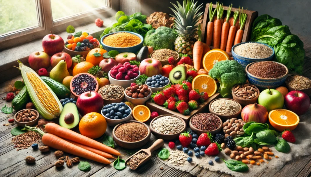 A vibrant assortment of fiber-rich foods, including fresh fruits, vegetables, whole grains, nuts, seeds, and legumes, arranged on a rustic wooden table with natural lighting highlighting their textures and colors.
