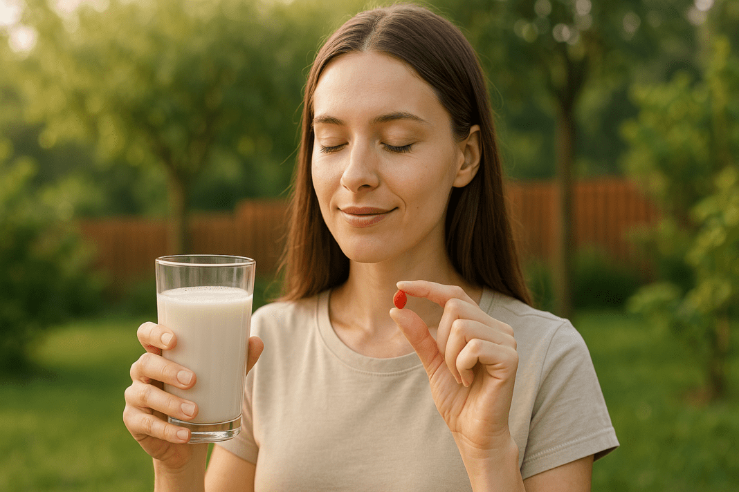 A young woman with long brown hair stands outdoors in a serene garden, bathed in soft natural morning light, holding a glass of plant-based milk in one hand and a red Vitamin B12 tablet in the other. The lush green background and calm expression on her face emphasize a peaceful morning supplement routine, visually representing how vegans get B12 from fortified foods and supplements.