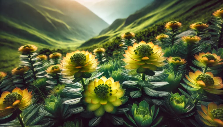 Close-up of Rhodiola rosea flowers blooming in a lush, mountainous landscape, symbolizing natural wellness and vitality.