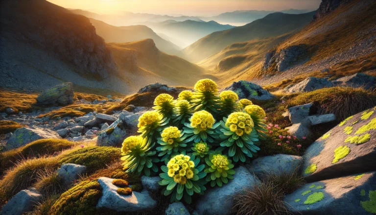 A serene mountain landscape with wild Rhodiola Rosea plants growing among rocky terrain, illuminated by soft morning sunlight. The vibrant yellow-green flowers contrast with the rugged natural setting, symbolizing resilience and vitality.
