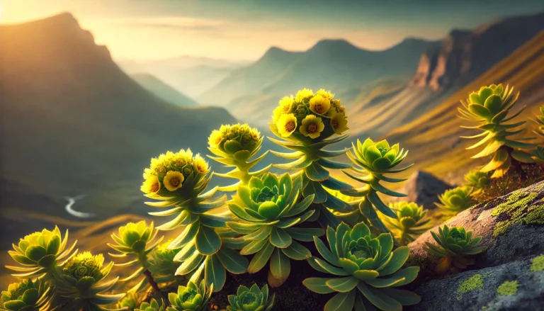 A close-up of Rhodiola Rosea plants flourishing in a mountainous landscape, with vibrant yellow-green flowers and lush foliage under natural sunlight.