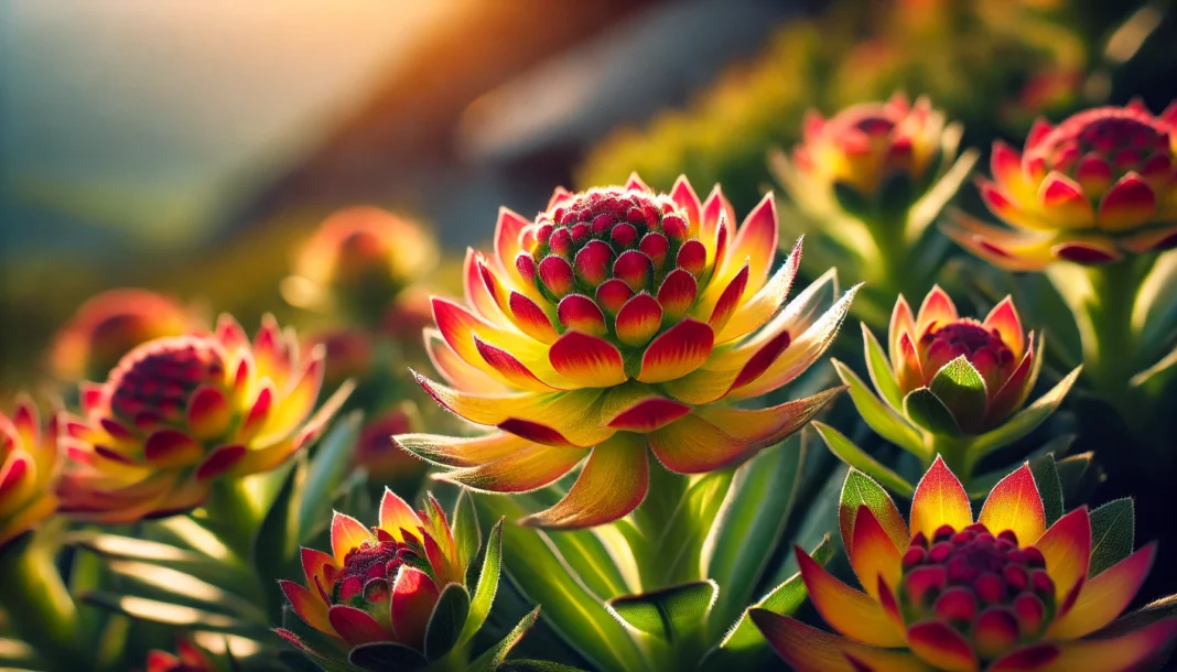 A detailed macro shot of Rhodiola rosea flowers with vibrant yellow and red hues, thriving in a lush alpine environment. Sunlight highlights the petals and textured leaves, showcasing the plant’s natural beauty and medicinal properties.