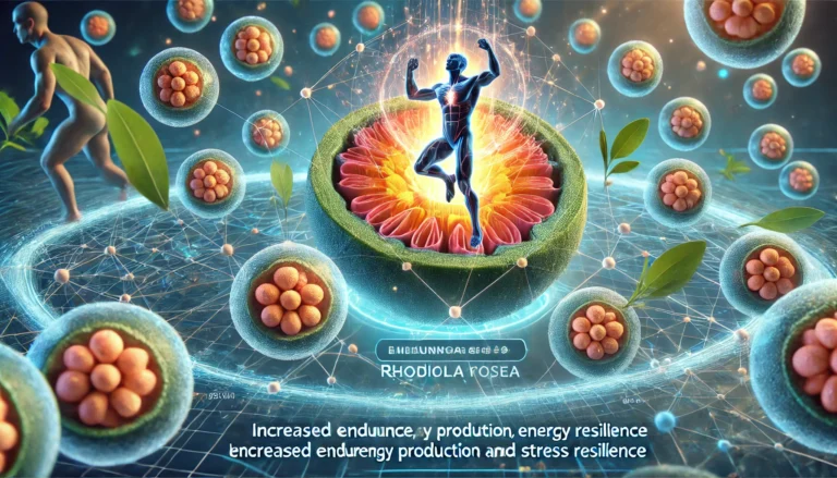 A futuristic representation of Rhodiola rosea improving cellular energy, with a glowing network of cells and mitochondria symbolizing enhanced endurance and stress resistance.