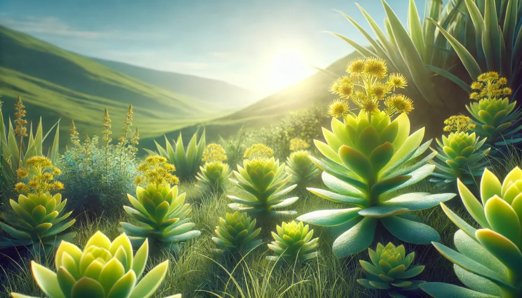 A serene natural landscape featuring Rhodiola Rosea plants with vibrant yellowish-green flowers and thick succulent leaves, growing in a lush meadow under soft sunlight. Rolling hills and a bright blue sky symbolize natural fertility and wellness.