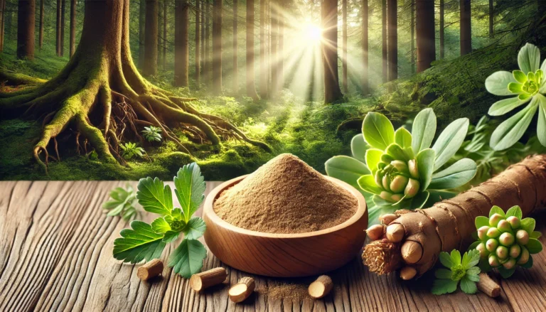 A serene natural landscape with a wooden bowl of Rhodiola extract powder, fresh Rhodiola rosea roots, and green leaves, illuminated by soft forest sunlight, symbolizing the herb's natural calming properties.
