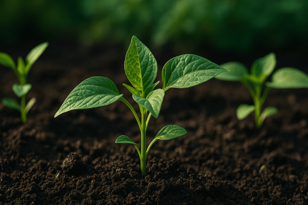Close-up view of young green plants sprouting from fertile soil, symbolizing the role of nitrogen, phosphorus, and potassium in plant development.