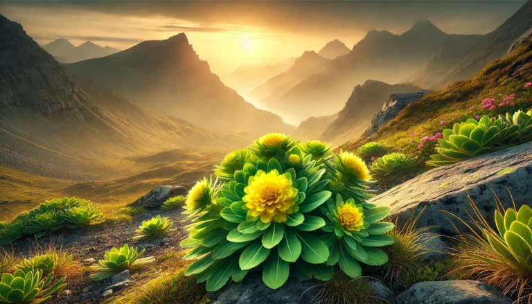 A close-up of a Rhodiola rosea plant with bright yellow flowers and thick green leaves, set in a misty mountain landscape at sunrise, symbolizing natural herbal remedies and wellness.