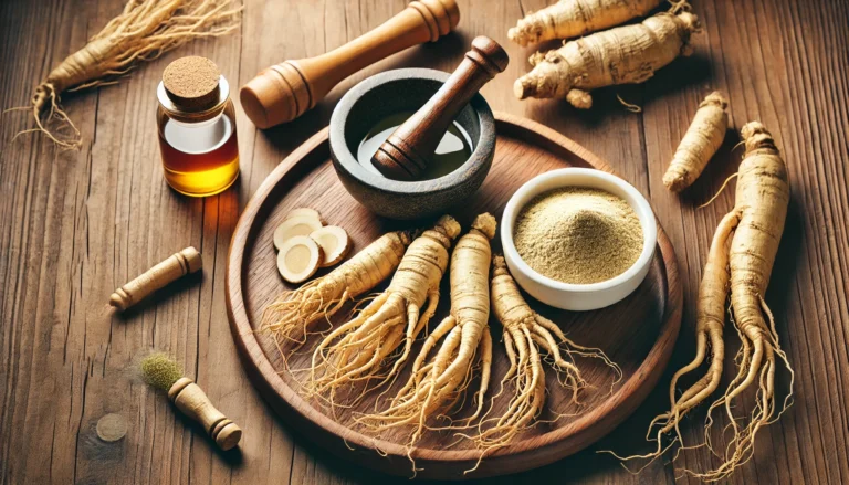 A flat lay of Panax ginseng roots on a wooden surface, alongside a bowl of ginseng extract and a mortar and pestle with crushed ginseng powder, emphasizing its natural supplement forms.