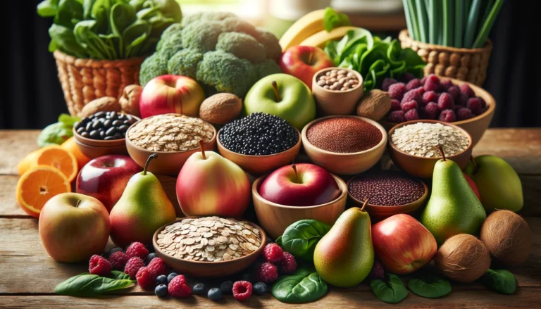 A colorful assortment of high-fiber foods displayed on a wooden kitchen counter, including fresh fruits, whole grains, legumes, and leafy greens, emphasizing fiber-rich nutrition.