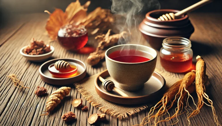A steaming cup of Korean red ginseng tea on a rustic wooden table, accompanied by dried ginseng roots and a bowl of honey, with soft natural lighting emphasizing its warmth and healing properties.