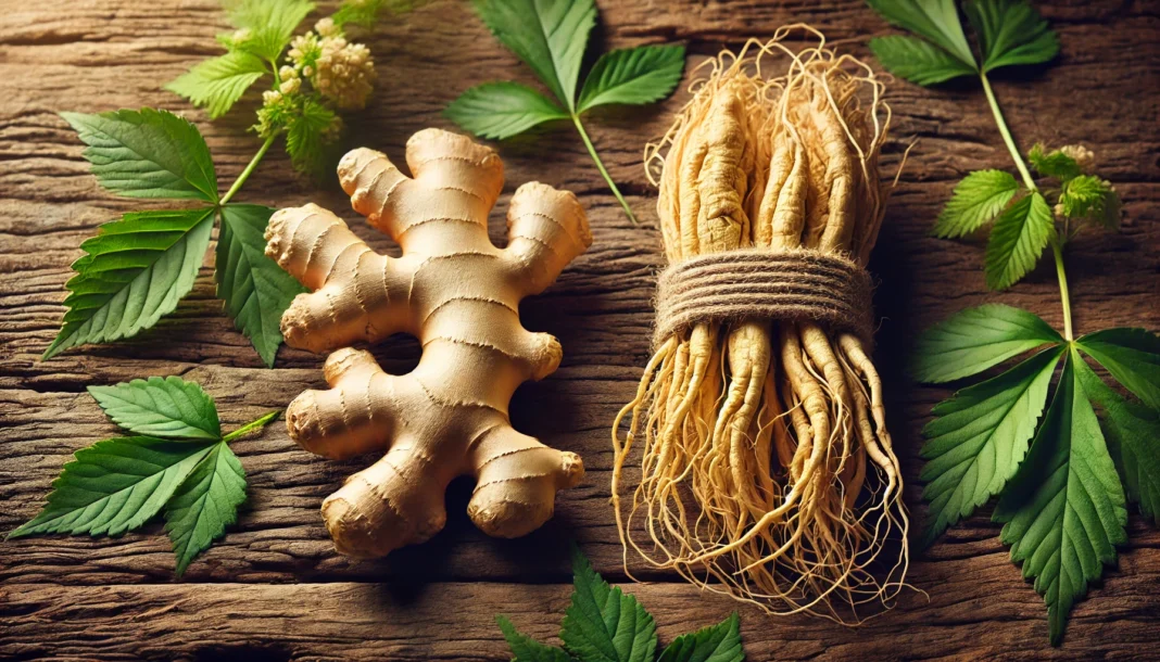 A side-by-side comparison of fresh ginger and ginseng roots on a rustic wooden surface, highlighting their distinct textures and colors, with fresh green leaves adding a natural touch.