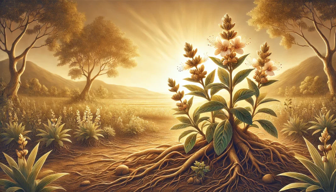 A serene natural landscape with Ashwagandha plants in full bloom, illuminated by warm sunlight, highlighting their role in traditional herbal medicine and fertility support.