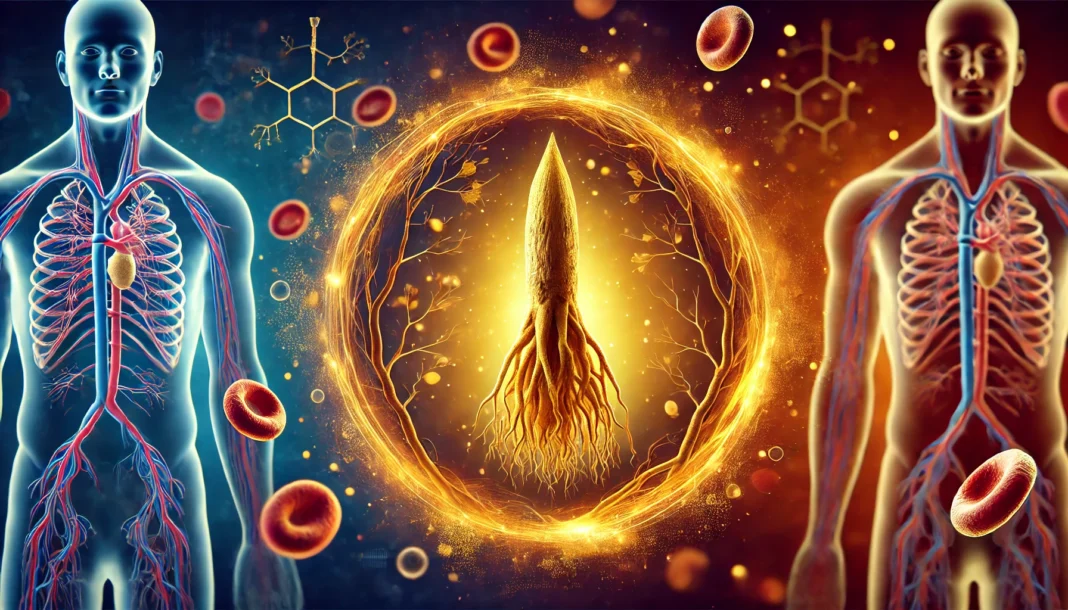 A conceptual visualization of Ashwagandha’s absorption and metabolism, depicting a glowing Ashwagandha root dissolving into a dynamic bloodstream. The background transitions from golden hues to deep blue, representing the herb's gradual breakdown in the body.