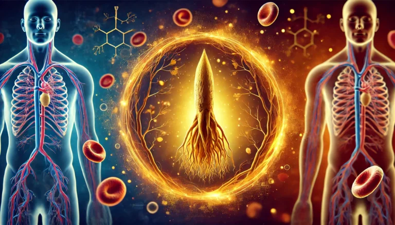 A conceptual visualization of Ashwagandha’s absorption and metabolism, depicting a glowing Ashwagandha root dissolving into a dynamic bloodstream. The background transitions from golden hues to deep blue, representing the herb's gradual breakdown in the body.