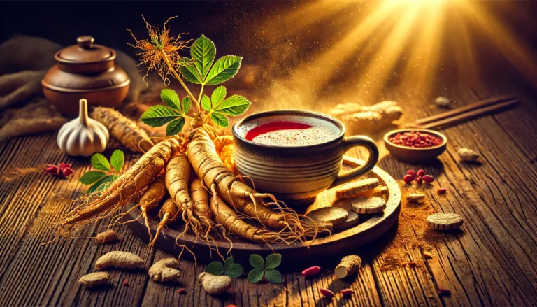 A steaming cup of Korean red ginseng tea on a rustic wooden table, surrounded by fresh ginseng roots and herbs, radiating warmth and vitality.