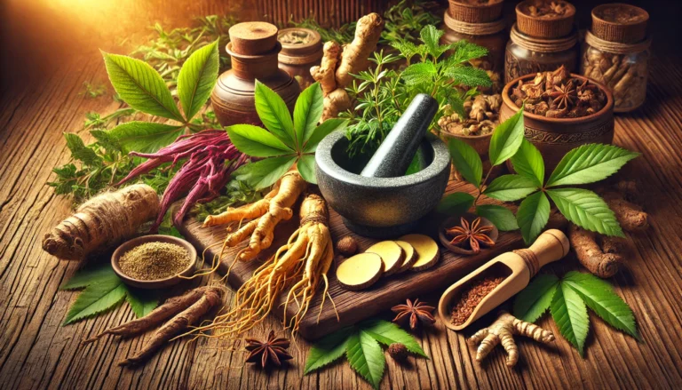 A vibrant composition of natural aphrodisiac herbs, including ginseng, maca root, and horny goat weed, displayed on a rustic wooden table with fresh green leaves and a mortar and pestle, symbolizing traditional herbal medicine for sexual vitality.